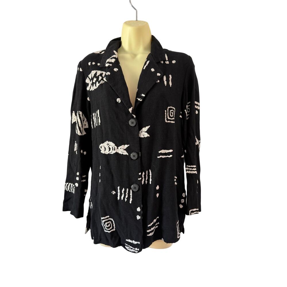 Michael Taylor Vintage Black & White Batik Fish Print Blazer Jacket Size Medium